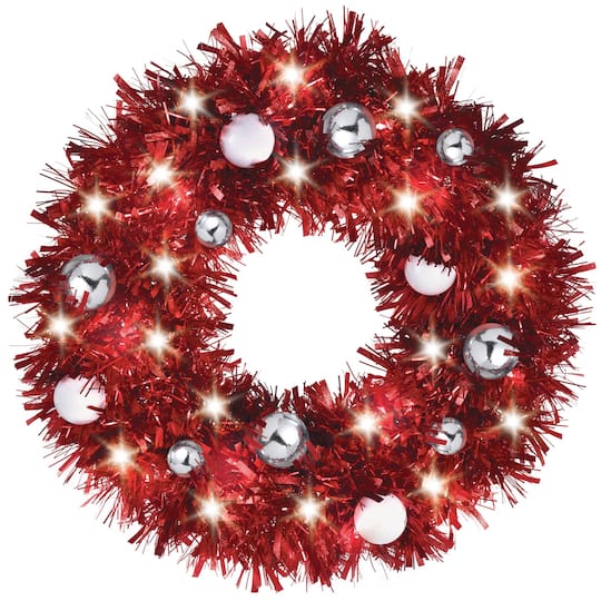 17&#x22; Light-Up Tinsel Christmas Wreath